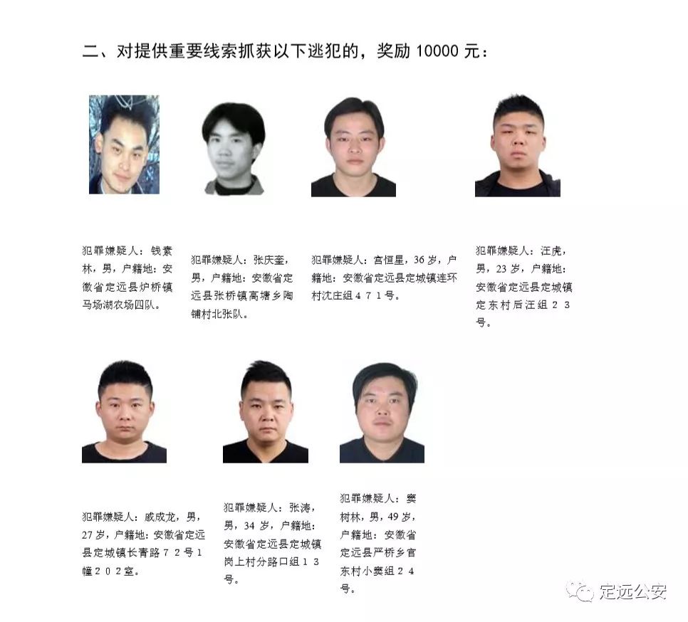 【扩散】定远警方悬赏5000-10000元抓捕一批逃犯!