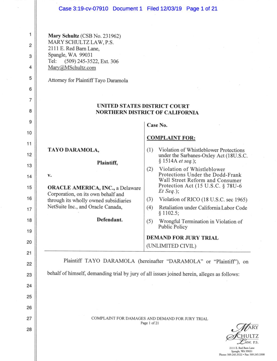 Oracle前产品经理称 他因拒绝欺骗客户被迫离职 现在将公司告上法庭 Netsuite