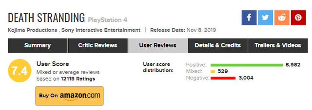 《死亡搁浅》超6000条差评被删除MTC玩家评分升至7.4分_评价