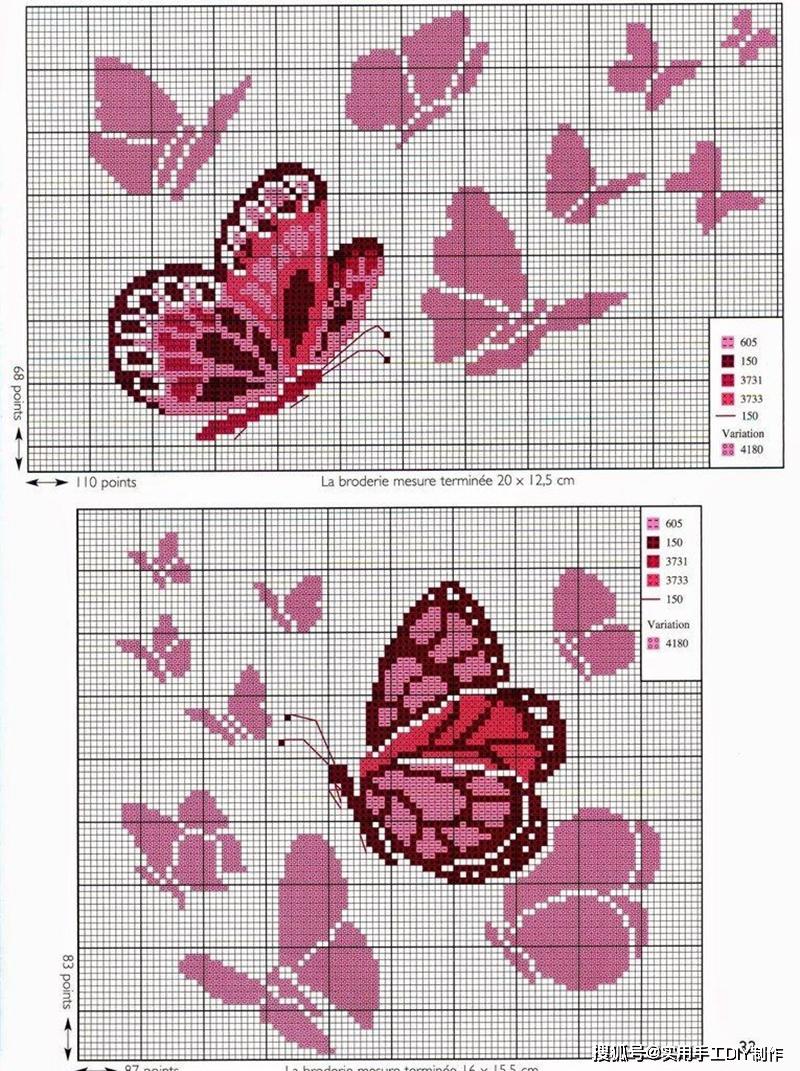 「十字绣图」10个蝴蝶图案,可用于刺绣或者编织