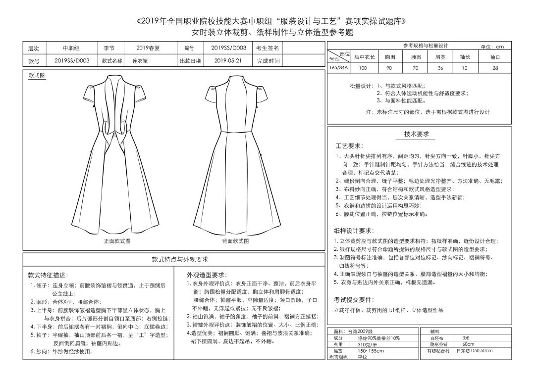 蝴蝶褶连衣裙立体裁剪19年技能大赛中职组服装赛项