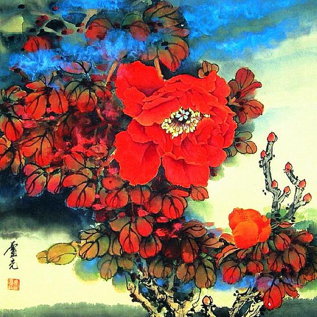 名花抱翠卢光花鸟画