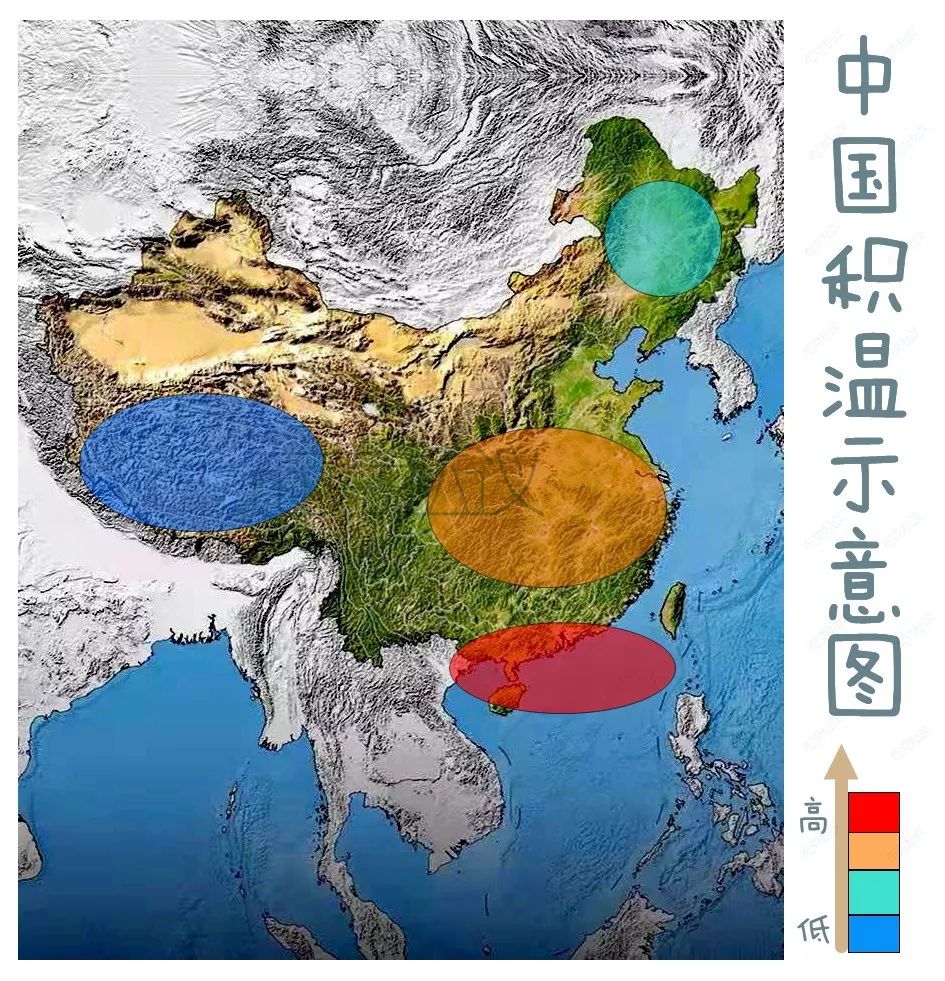 从图中可以看出江南地区的积温在中国属于适中水平禾苗有了足够的热量