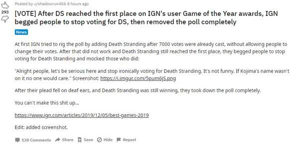 《死亡搁浅》遭受抵制？曝IGN删除《死亡搁浅》年度游戏投票
