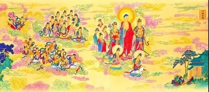 正念现前,得见阿弥陀佛与诸圣众,持金莲花,接引往生西方极乐世界