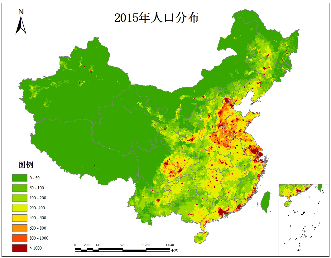 2005年中国人口分布地图. 2010年中国人口分布地图.