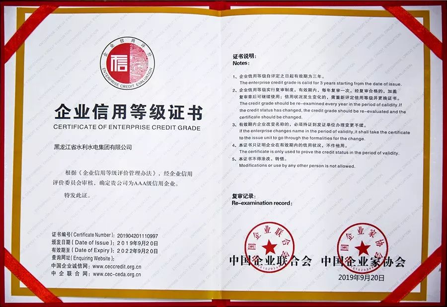 【集团要闻】黑龙江省水利水电集团有限公司荣获2019年中国企联aaa级信用企业