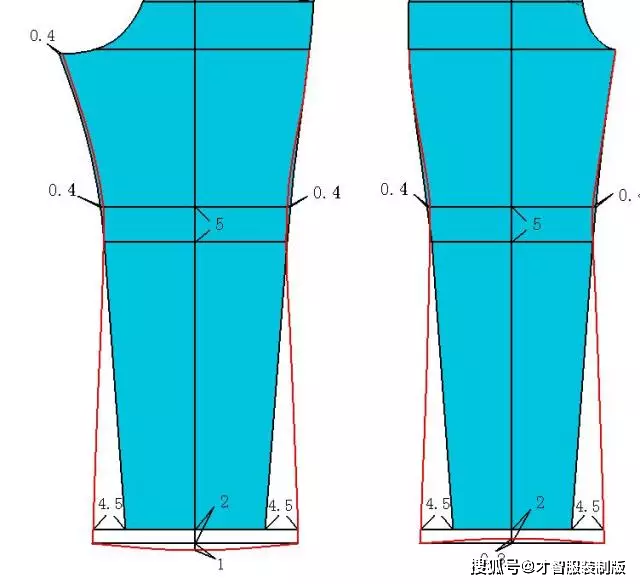 4,将中裆线向上移5cm,中裆宽两侧各凹进0.4cm