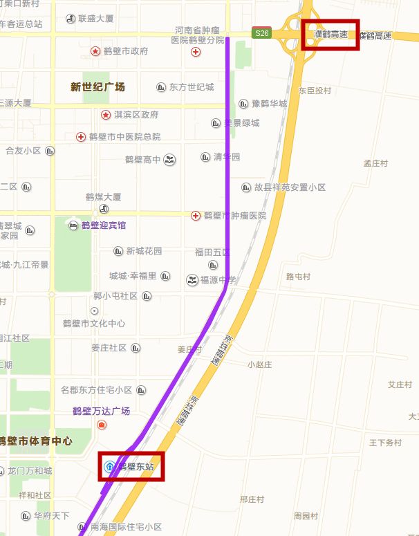 下濮鹤高速后,直接走泰山路(图中紫色标记为泰山路)到鹤壁东站,泰山路