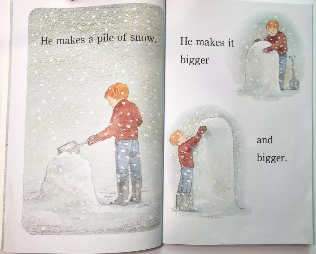 he makes a pile of snow. he makes it bigger and bigger.