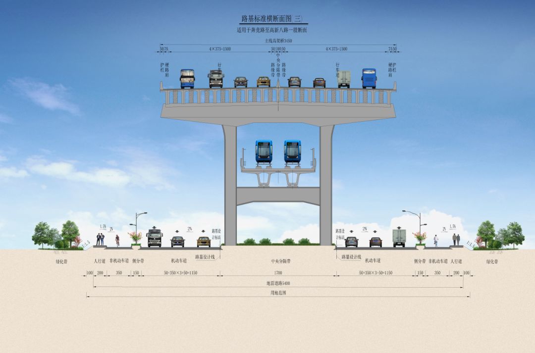 合建段)将采用上层高架桥 中层机场轨道快线 下层地面道路的断面形式