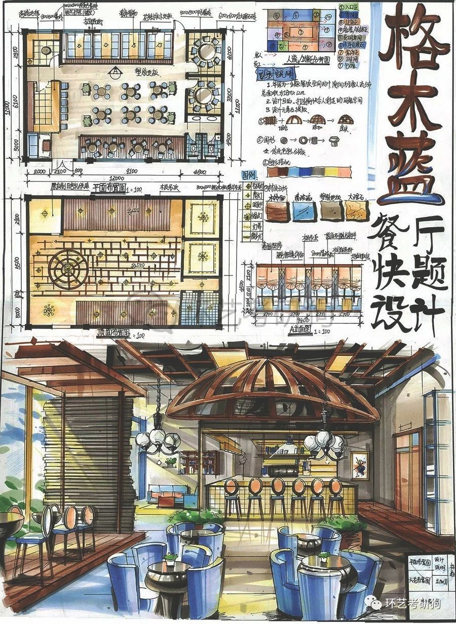 餐饮空间建筑快题设计 餐饮空间室内设计快题 40平方空间设计快题案例