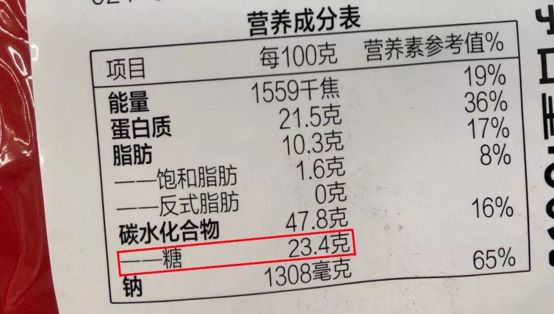 现在有些辣条产品的营养成分表明显的标出了糖的含量(如下图