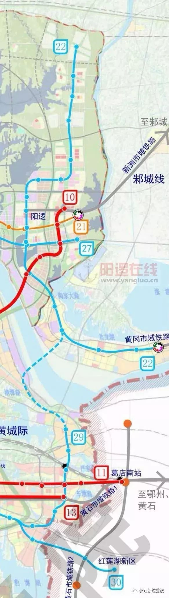 地铁22号线贯穿长江新城东部 途仓埠,阳逻,双柳,左岭  来源:武汉