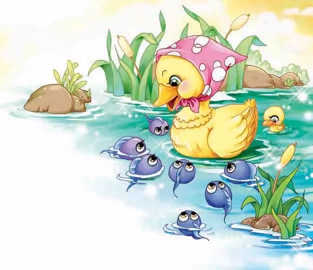 有一天,鸭妈妈带着她的孩子到池塘中来游水.