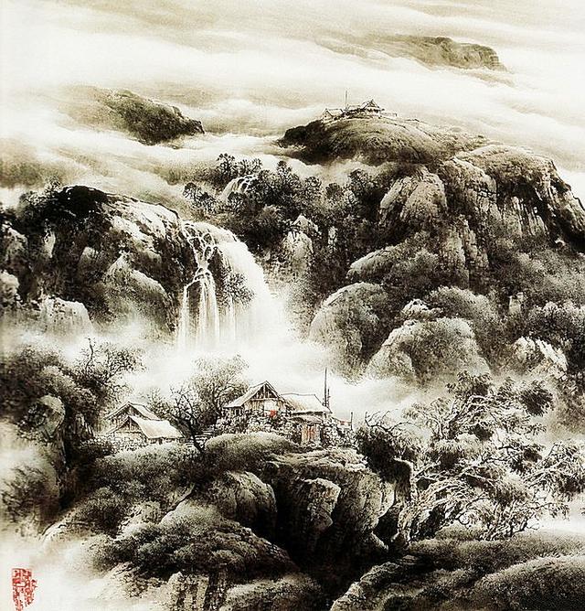 千山烟云黄玉洲彩墨山水画