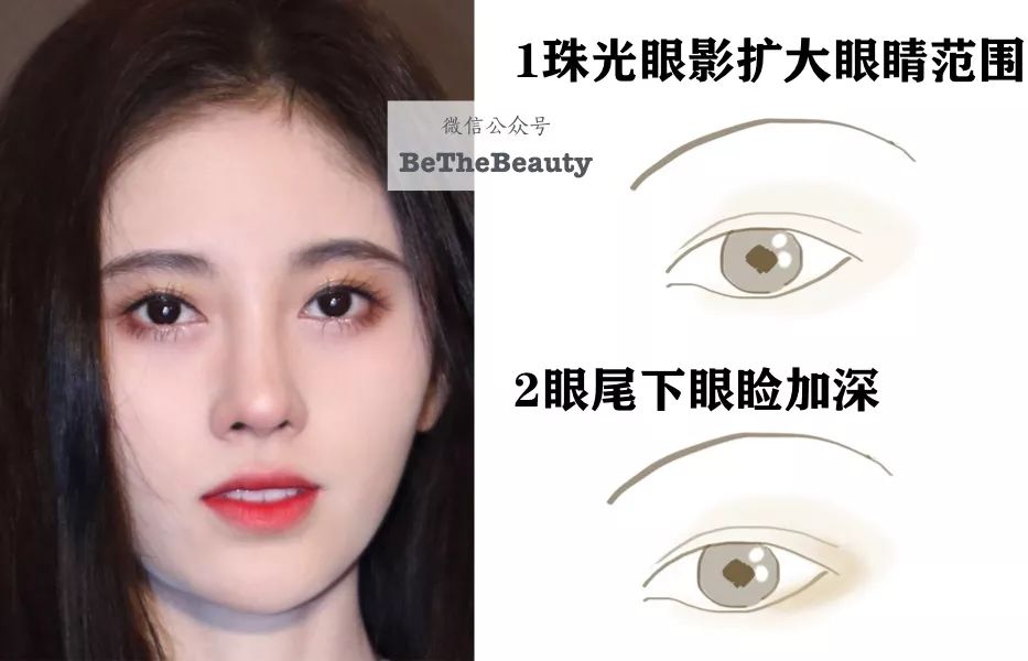 由于鞠婧祎瞳距近,眼妆需要把眼睛「往两边拉」,要点二是眼影  不从