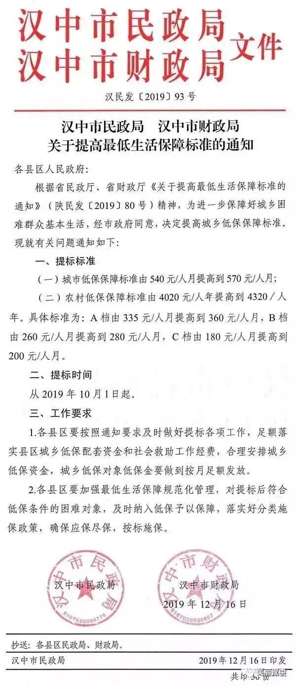 汉中城乡低保保障标准提高了！农村a档360元/人月