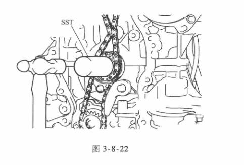 (4)将金色货黄色标记连杆对准凸轮轴正时齿轮和链轮上的各正时标记