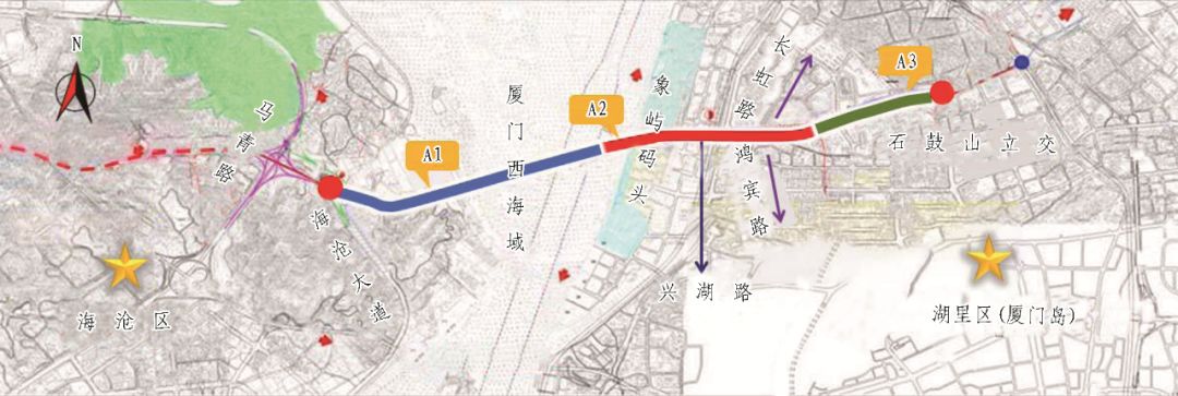 沿象屿港区,兴湖路下穿 止于石鼓山立交东 目前总体工程量 已完成约