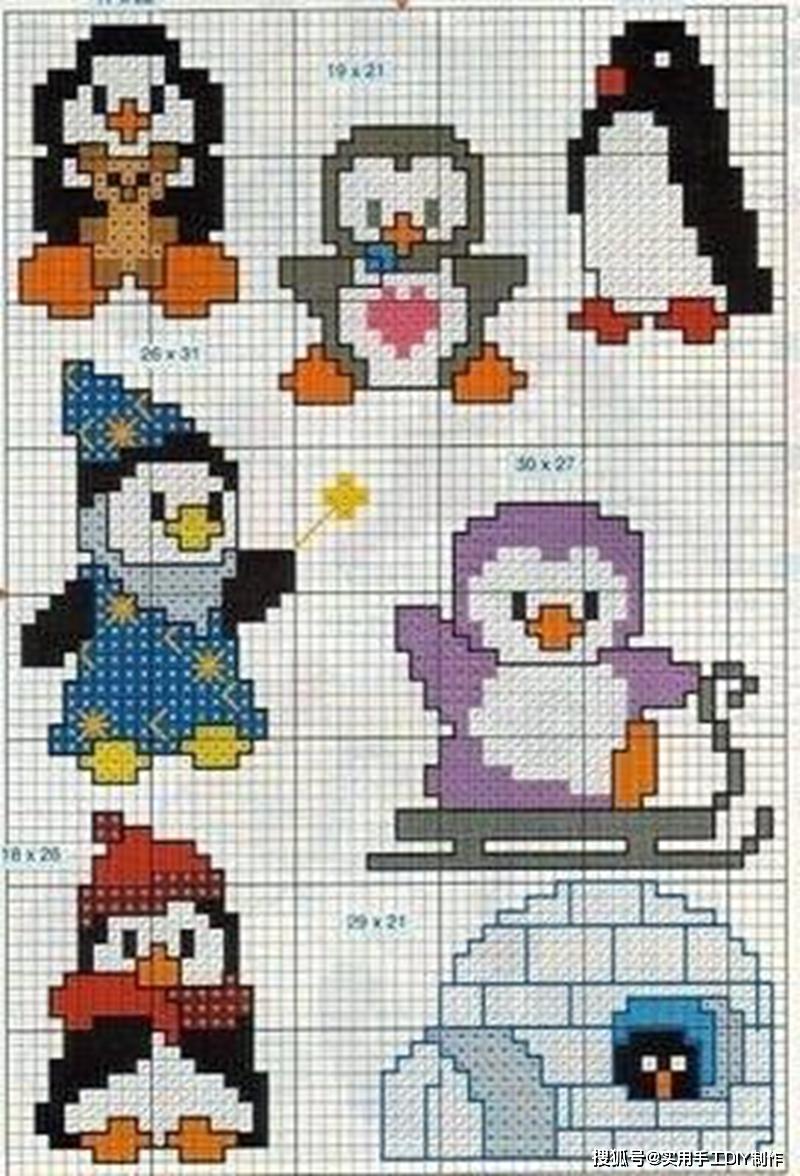 「针织图解」16个企鹅图案的编织或者刺绣图案