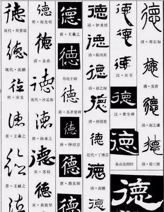 在大篆,小篆,竹简,帛书以及汉隶,魏碑中,"德"字中间无一横的写法都