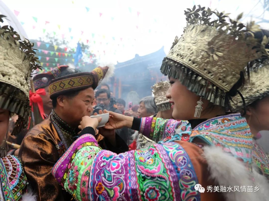 苗族姑娘在迎客敬酒游客与苗族小伙学习芦笙吹奏《秀美融水 风情苗乡