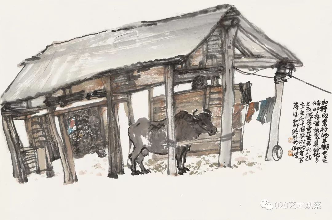 加特旺农村的牛棚 68cm×48cm 纸本设色 2019年杜巴广场街口 68cm×48