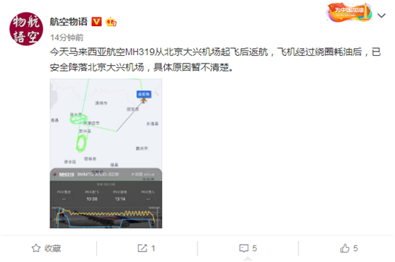 快讯!马航MH319从北京大兴机场起飞后返航，原因尚不清楚_航班