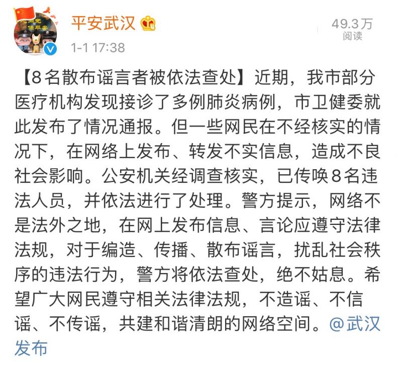 武汉8名网友发布涉肺炎谣言被查处_常林
