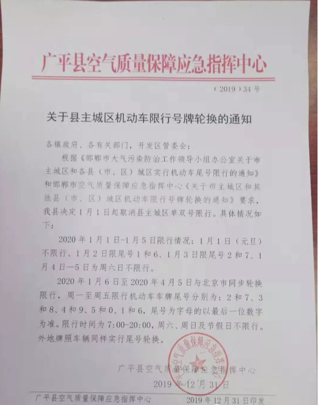 关于广平县2020年机动车限行号牌轮换的通知
