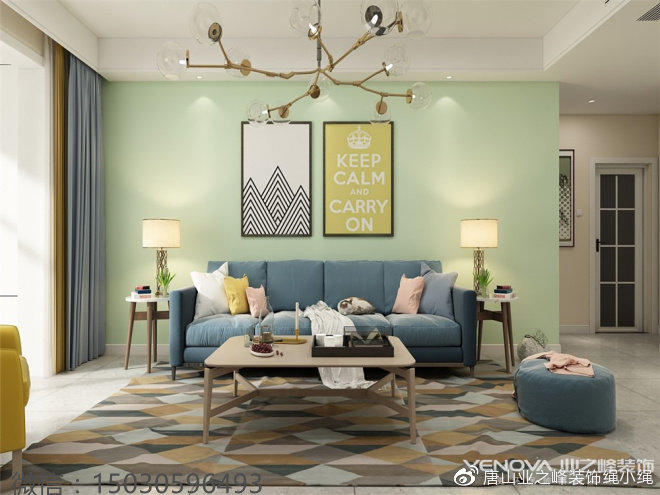 沙发背景墙选用靓丽的豆绿色,清新自然,凸显北欧风格贴近生活的特色