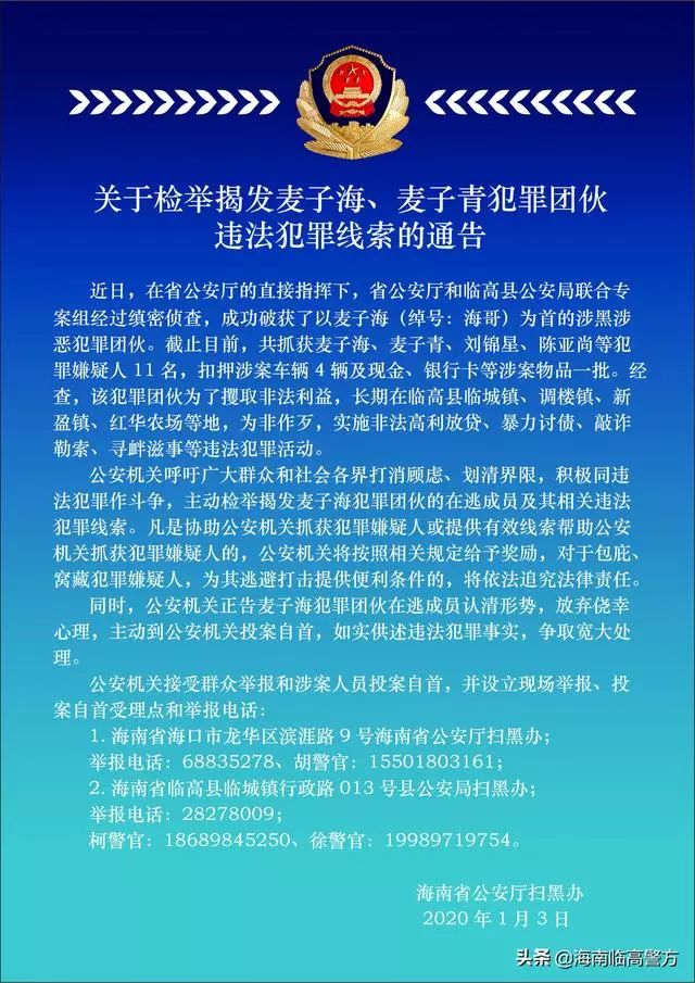 临高警方关于检举揭发麦子海,麦子青犯罪团伙违法犯罪