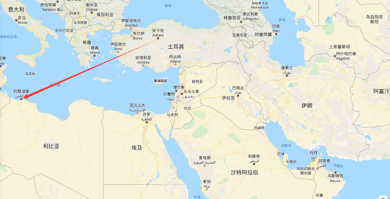 土耳其和利比亚地理位置示意图 谷歌地图