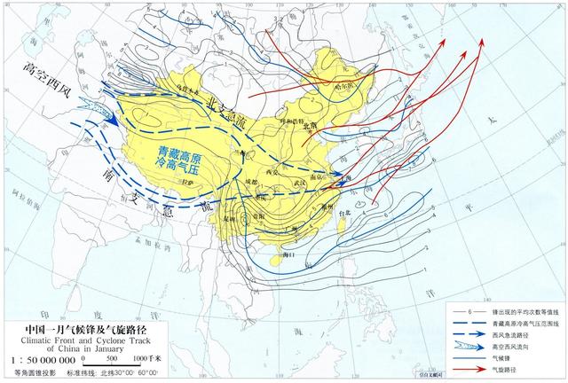 中国一月气候锋和气旋路径图我们发现,我国的青藏地区虽然纬度较低