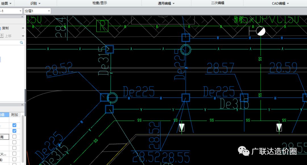 导入图纸后首先用快捷键f10,选择检查井图例,选择代表一个系统的cad