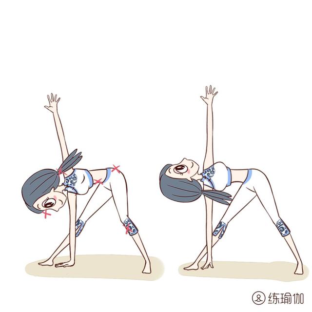 三角式的练习步骤:山式站立,双脚跳开,双臂侧平举,转右脚90度,左脚微