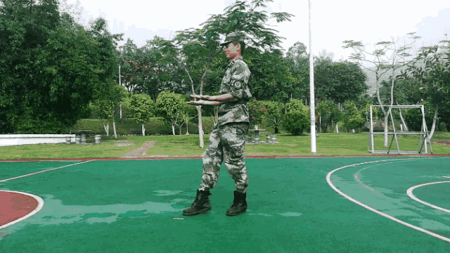收右脚成右虚步,同时两手变掌,由外稍向里猛砍,大臂夹紧,小臂略平