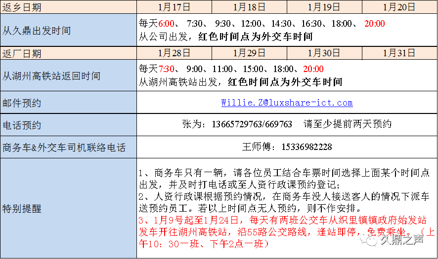 关于春节期间员工来返车辆安排的通知