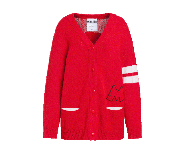 年末少不了和长辈们的聚会~moschino开衫,喜庆红色搭配萌趣卡通,减龄