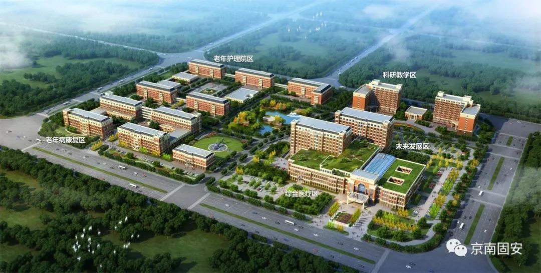 固安幸福医院规划图 固安幸福医院一期建筑面积10.8万平米,包括综合医疗大楼(急诊、门诊、医技、住院、后勤保障)、值班公寓楼和学术报告厅,设置床位540张,严格按照国内三级甲等综合医院建设、同步导入jci国际医院评审,已经与首都医大附属北京友谊医院建立