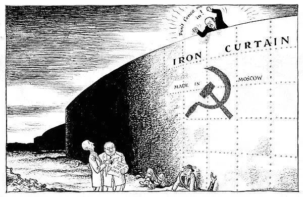 漫画描绘冷战(cold war)的铁幕(iron curtain)徐徐拉开