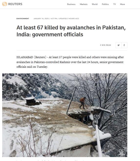快讯！克什米尔地区发生多次雪崩，已造成至少67人死亡