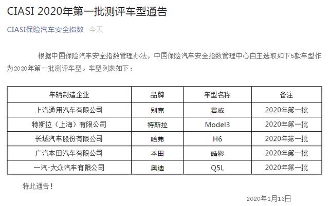 中保研2020年首批测试车型有h6皓影q5l网友坐等结果
