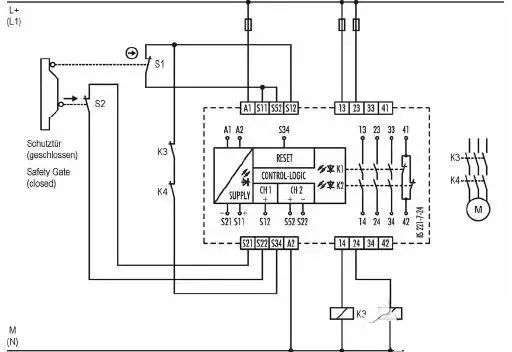 安全继电器接线图  安全继电器的内部线路原理: 安全继电器使用方法