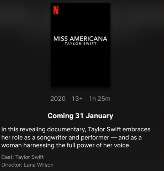 taylor swift的纪录片《miss americana》将在1月31日正式上线netflix