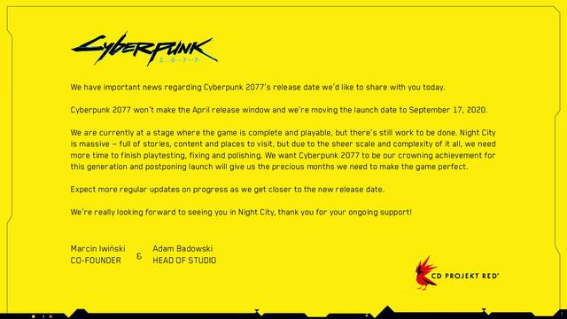 《赛博朋克2077》宣布跳票延期至9月17日发售