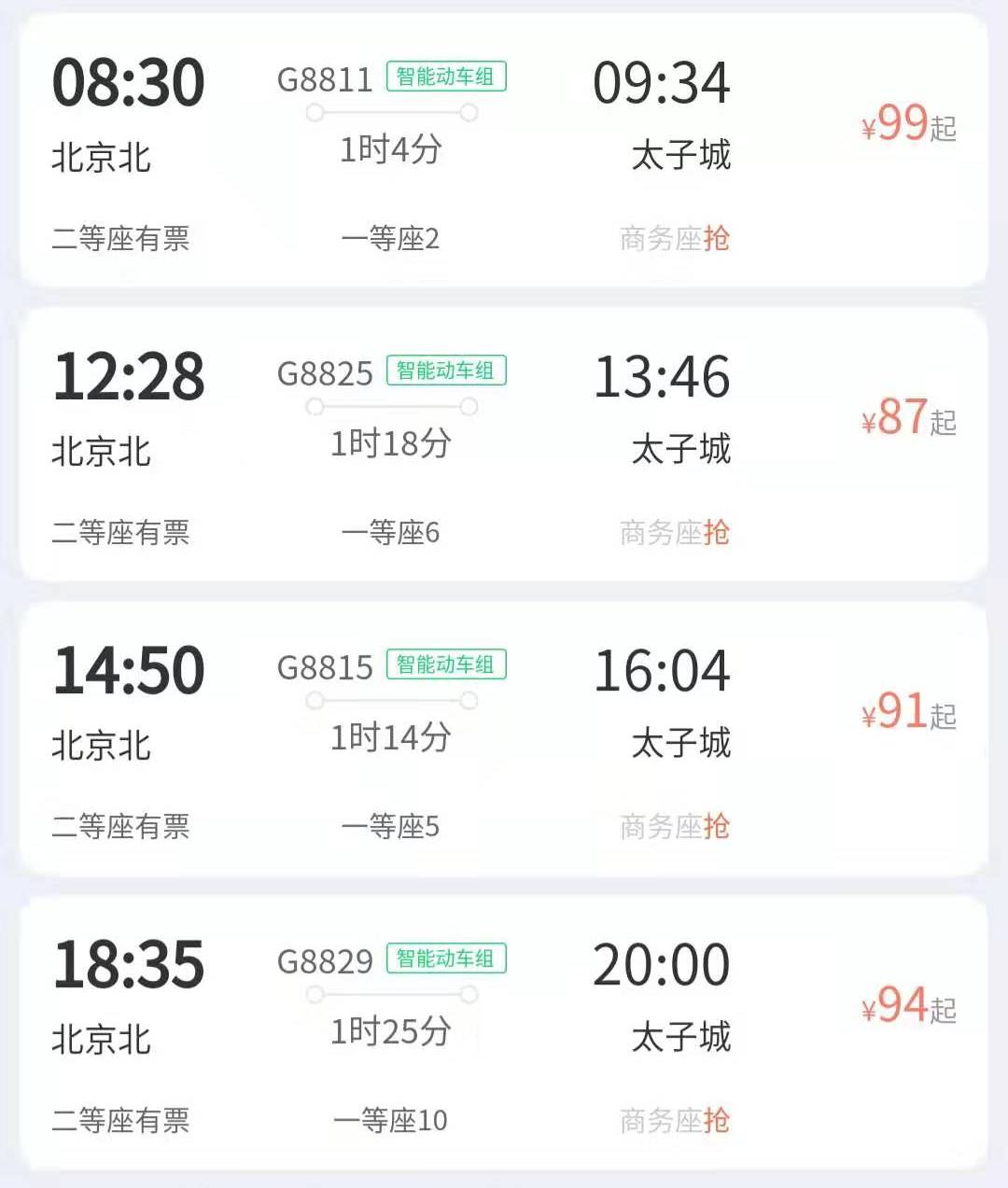 城站→北京北站2020年1月19日(周日)起 原始发终到清河站 g8825,g8829
