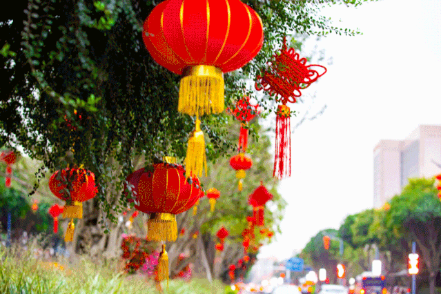 晚上亮灯后更美喔  新旧城区主干道 挂上了近万串灯笼和中国结 不妨