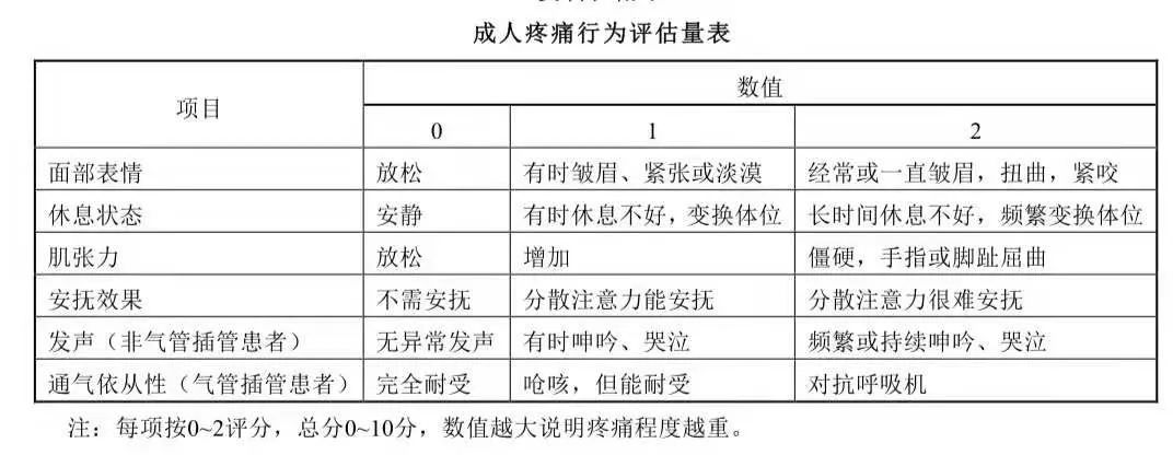 这三种自评工具,如下图: 宜选用成人疼痛行为评估量表,用于不能使用